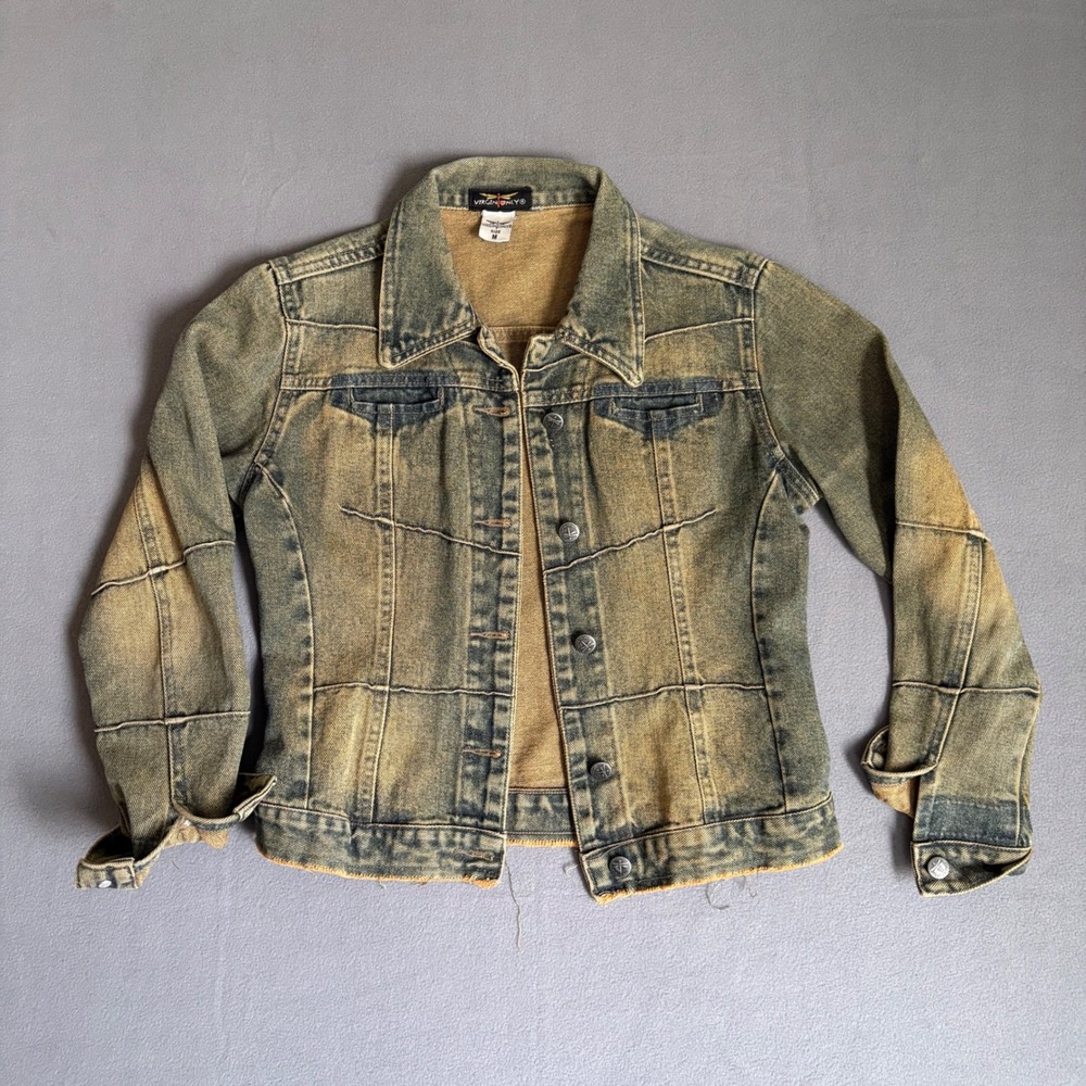 Virgin Only Denim Jacket Women M Brown Acid Wash Good Y2K Grunge Paneled USA